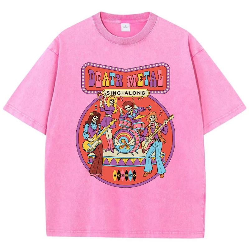 Death Metal Print Female Washed Tshirts Breathable Casual T-Shirts Cool Short Sleeve Soft Loose Distress T-Shirt Women