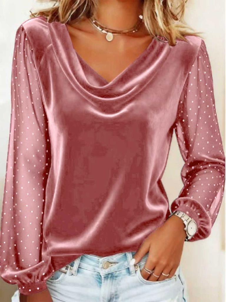 New Women's Solid V-Neck Mesh Long Sleeve T-Shirt with Rhinestones