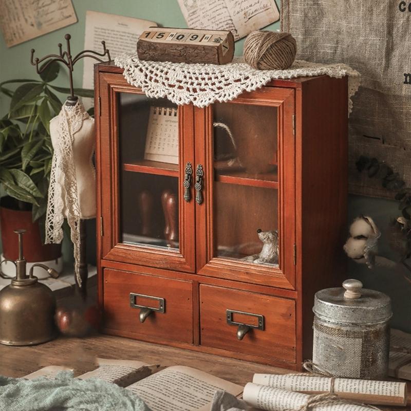 Wooden Desktop Organizers Cabinet with Glass Door for Cosmetics, Stationery, Small Kitchen Items and Decors Use