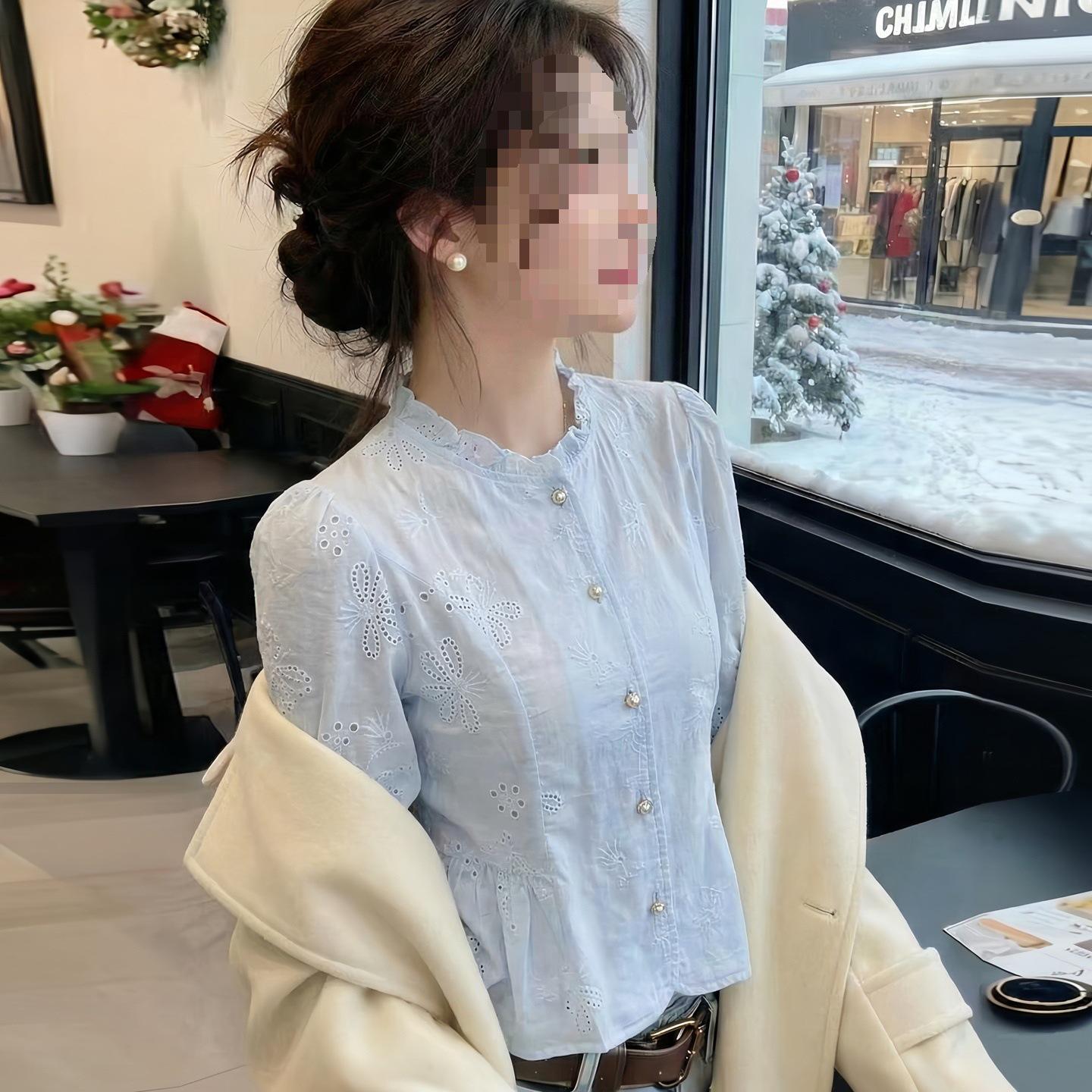 

Elegant Spring Lace Top: Women s Round Neck, Three-Quarter Sleeve, Pleated Loose Fit. S 80-100 lbs синий