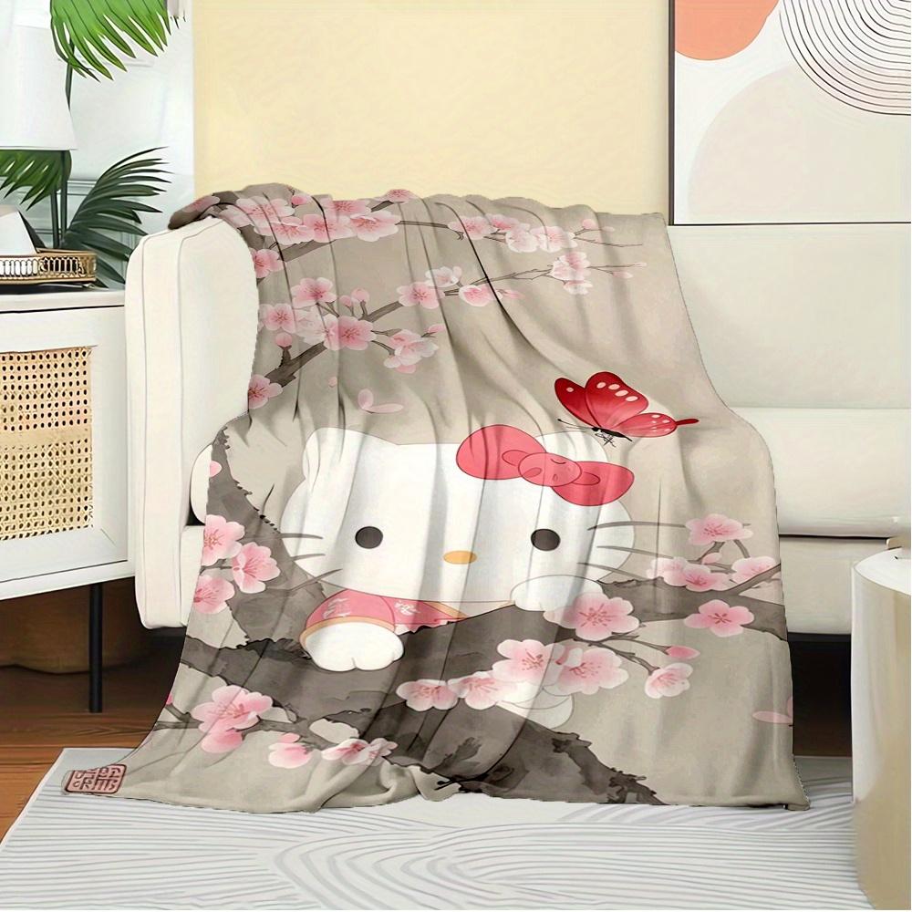 1pc Hello Kitty, Cherry Blossoms, ButterflyDigital Print Fleece Blanket - Contemporary Style, Suitable for All Seasons, Perfect for Home, Tr