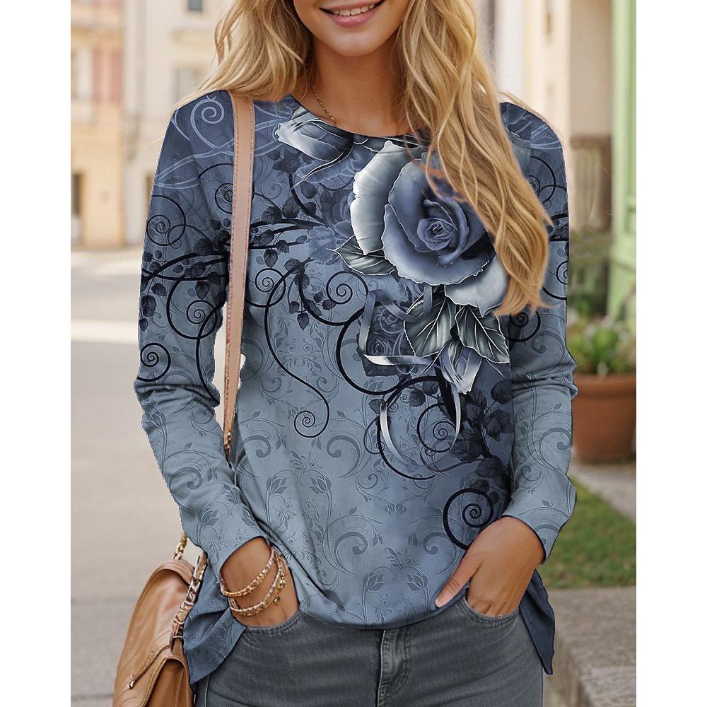 Long Sleeve Floral Pattern Gradient Women T-Shirts Spring Autumn 3D Flower Printed Street Ladies Tee 3XL Plus Size Casual Tops