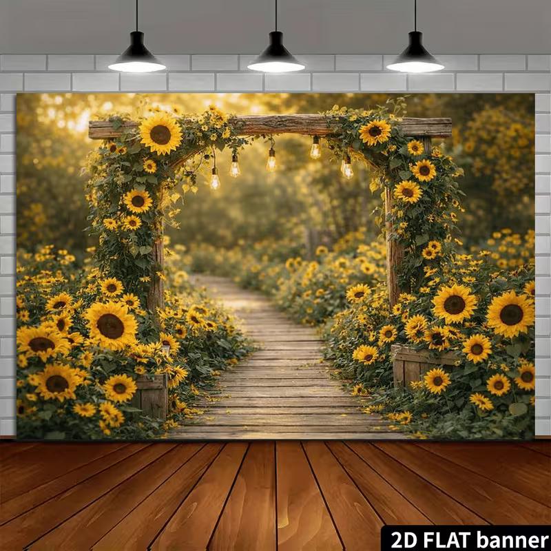 2D Rustic Garden Backdrop Sunflower Arch with Lights Portrait Studio Background