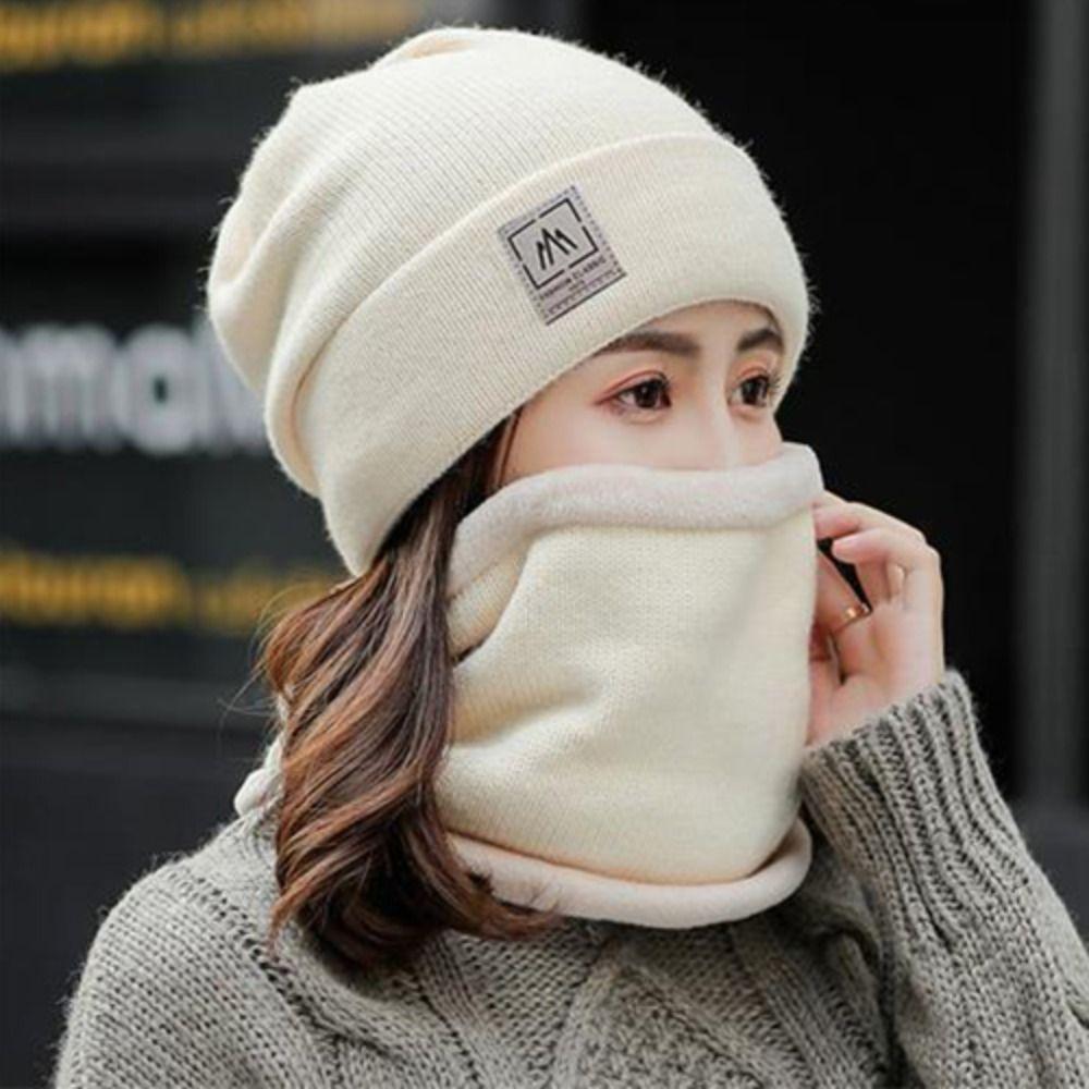 Thicken Plus Velvet Scarf Warm Knit Hat Cold-proof Neck Cover Solid Color Beanies Caps  Mens Womens