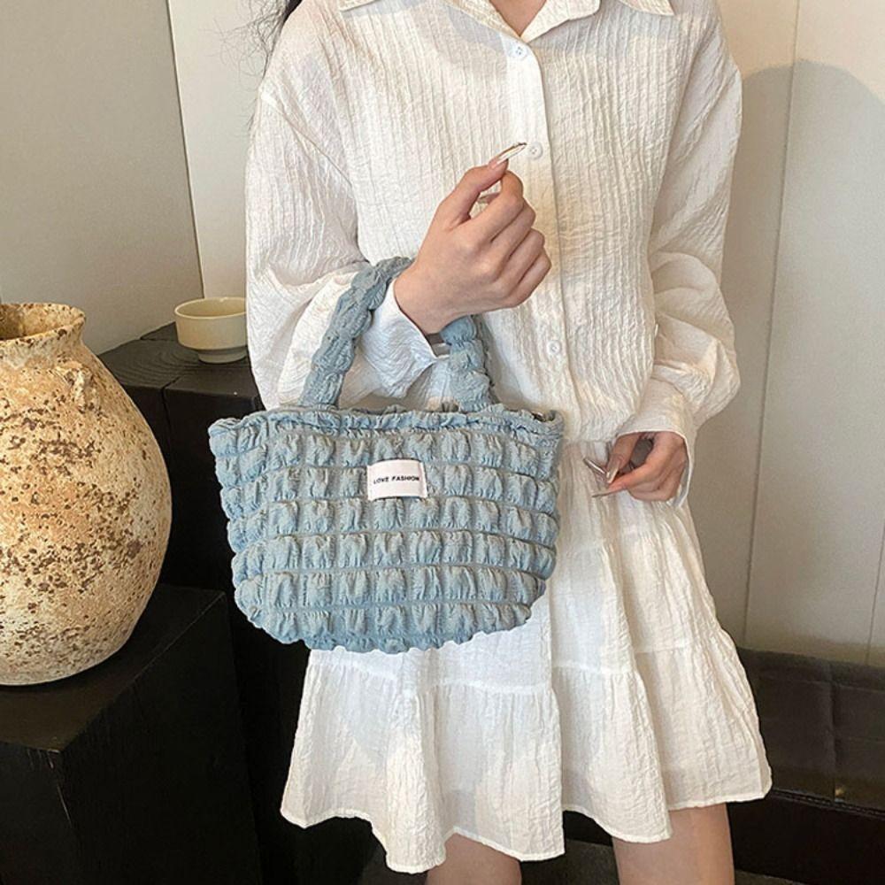 Pleated Bubble Handbag Women's Plaid Small Handbags Travel Storage Shoulder Bags with Zipper Solid Color Tote Armpit Bag