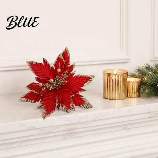 Decorative Christmas Flower Picks Artificial Flowers Handmade Bead Cluster Poinsettia Velvet with Gold