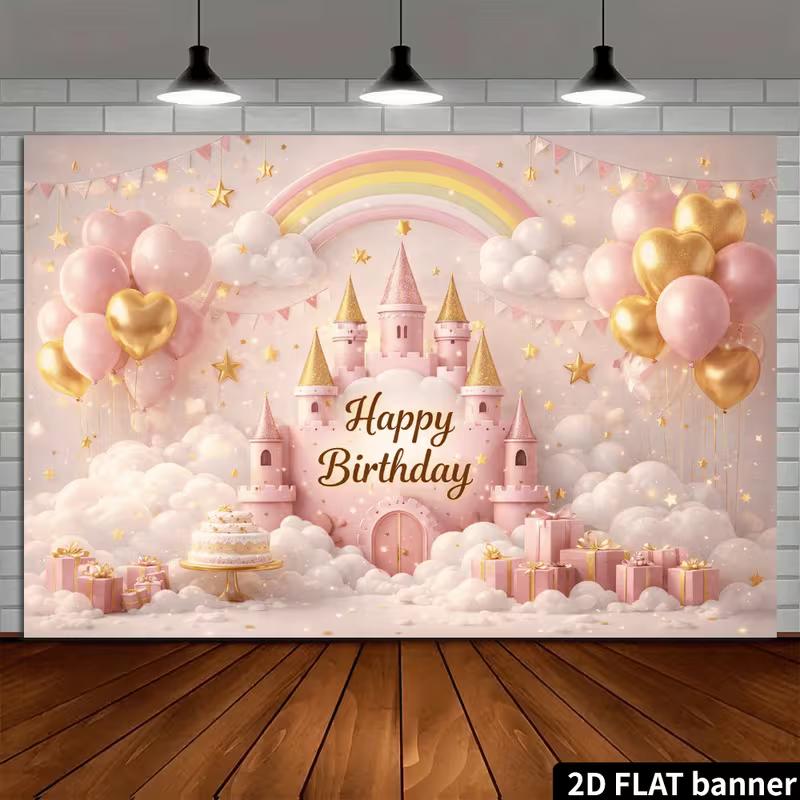 2D Girls Pink Castle Birthday Backdrop Banner Rainbow Background