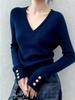 Aulude Elegant Slim‑Fit V‑Neck Sweater, Gold Decor Cuffs Ladies Fall Winter Knitwear