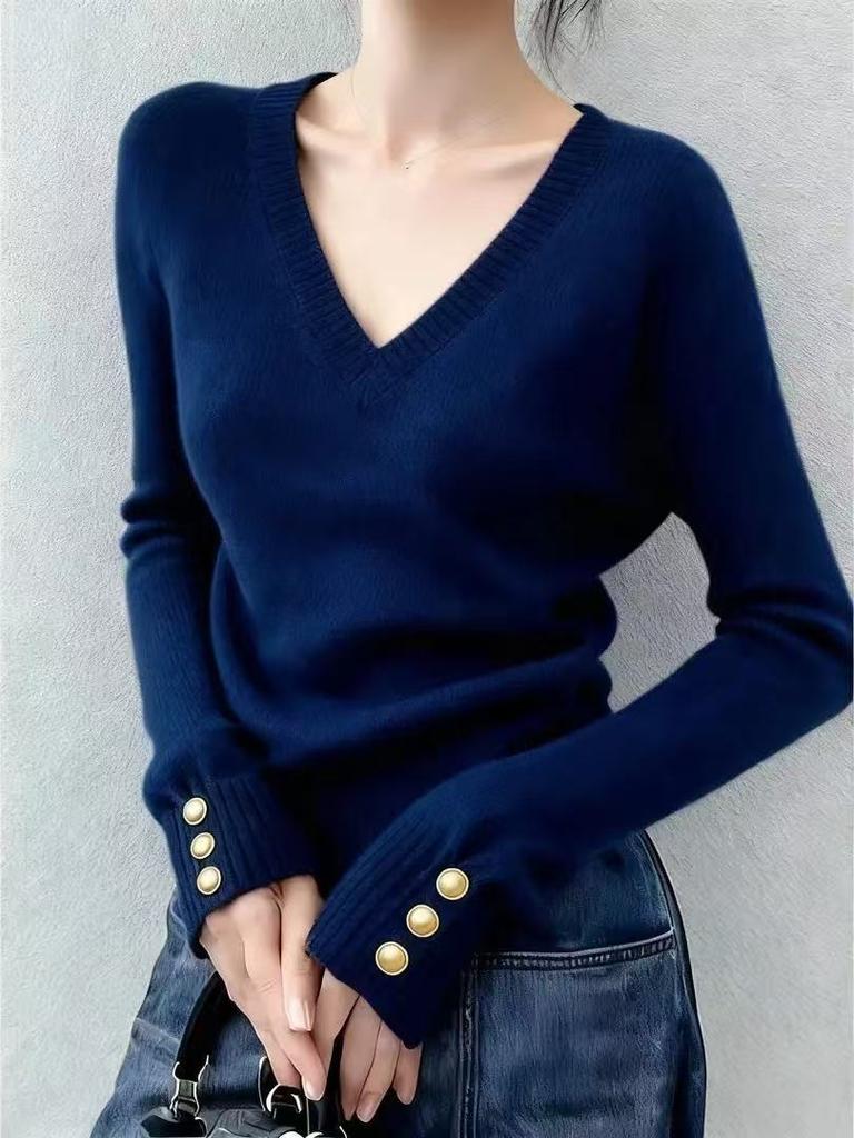 Aulude Elegant Slim‑Fit V‑Neck Sweater, Gold Decor Cuffs Ladies Fall Winter Knitwear