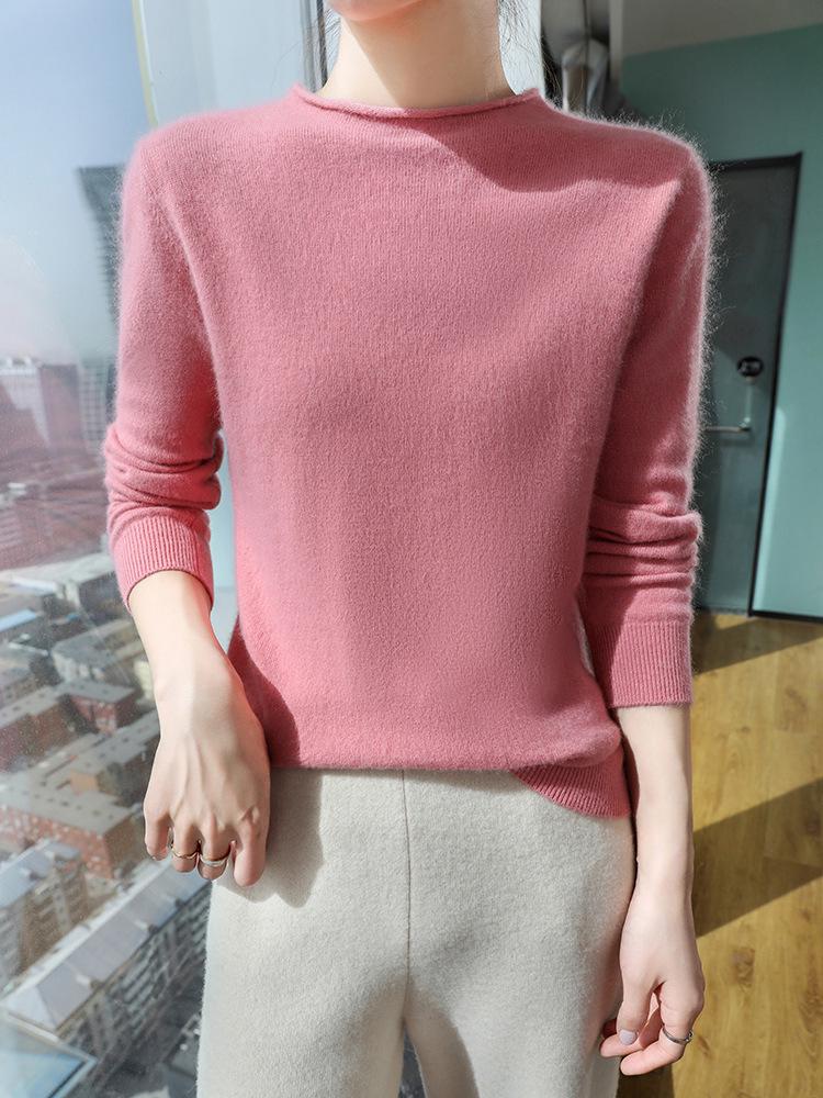 2025 Women's Mink Cashmere Sweater: Semi-High Neck, Rolled Edge Knitted Pullover for Spring & Autumn