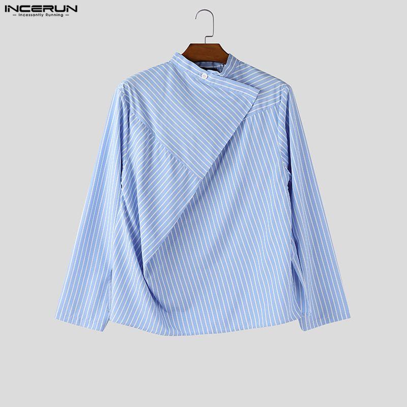 INCERUN Men Wrap Neck Long Sleeve Button Up Striped Print Casual Shirts