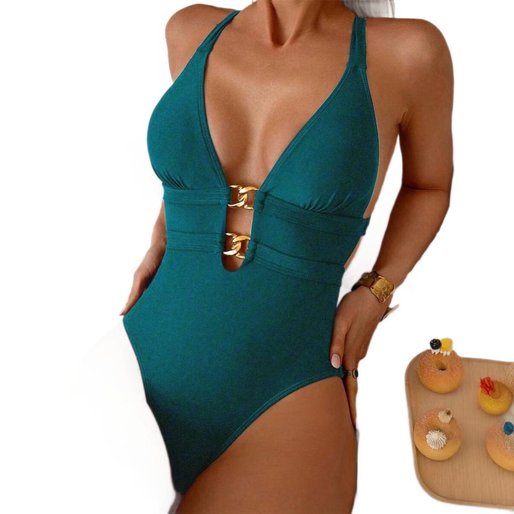 New European and American Style Deep V Metal Ring One-piece Swimsuit Women's High Elastic and Thin Solid Color Hot Spring Vacation Swimsuit