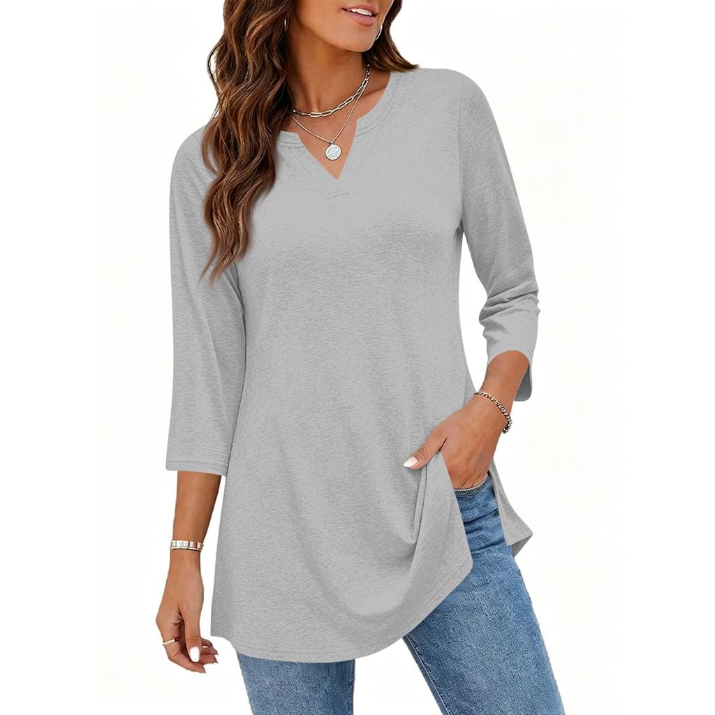 Women's Casual V Neck 3/4 Sleeve Pullover Tunic Top Mid Length Solid Color Comfortable Fit Lightweight Fabric