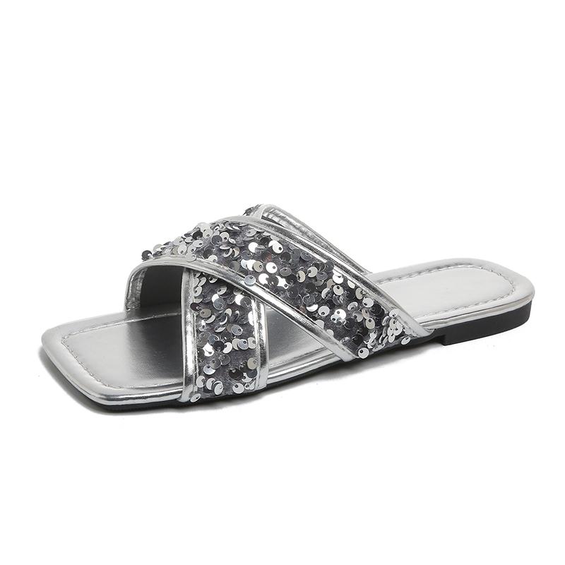 

Fashion Summer New Flat Sandals for Women Fashion Square Head Open Toe Sequin Cloth Soft Sole Anti-slip Wear-resistant Slippers 43 серебряный
