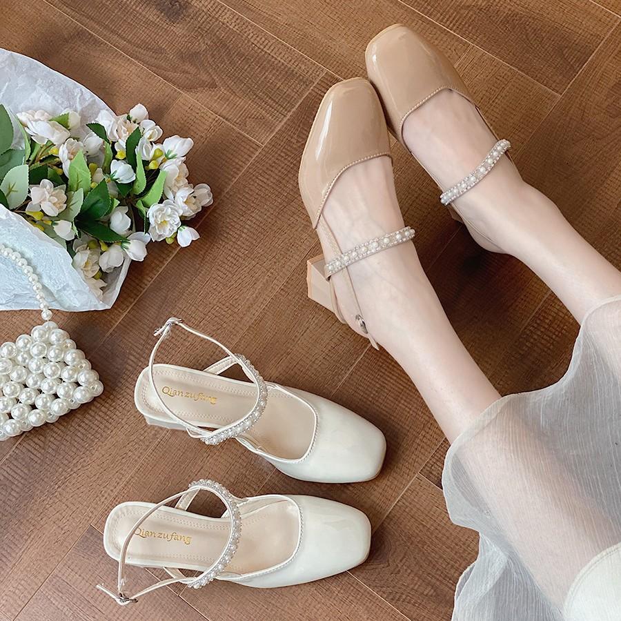 Pearl thick-heeled sandals summer fashion retro temperament Mary Jane shoes one-word buckle high heels
