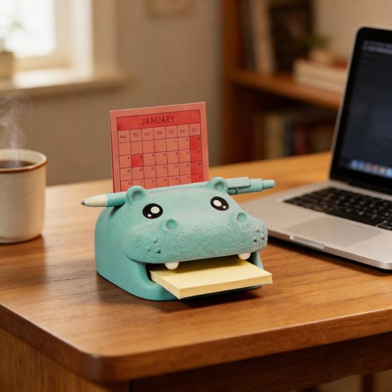 Suporte de Hipopótamo Impresso em 3D com Estênceis Formato de Hipopótamo Organizador de Notas Adesivas com Espaço para Caneta