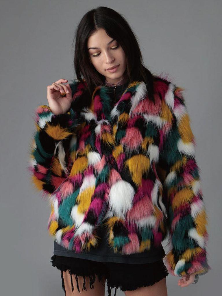 Women's Rainbow Patchwork Faux Fur Coat - Collarless, Trendy European and American Design