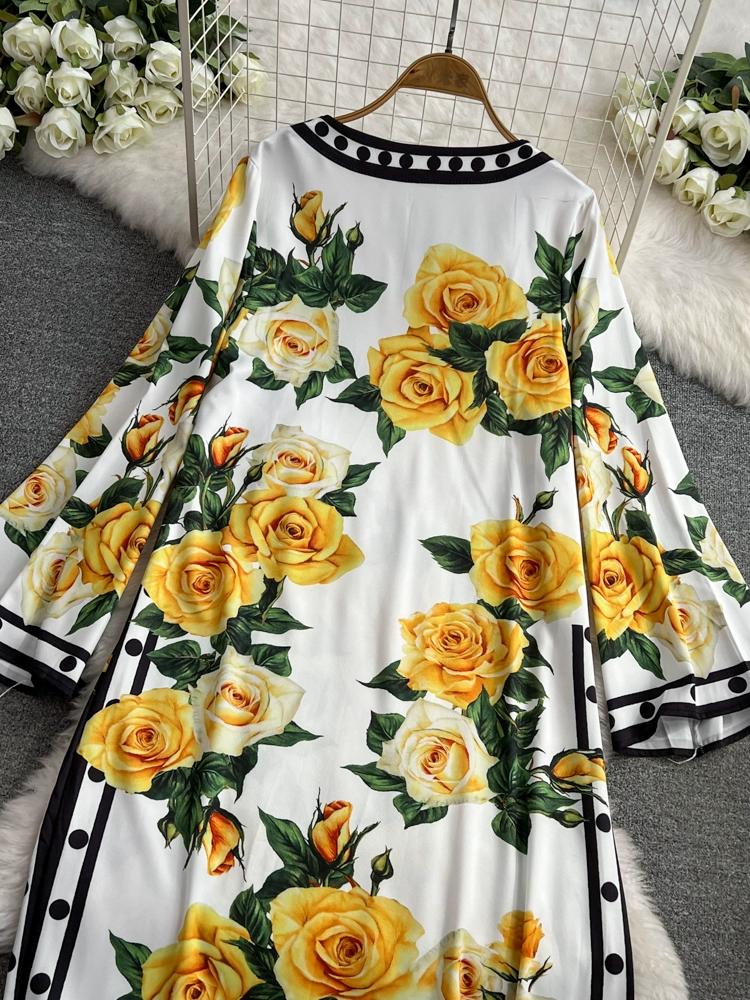 Summer Women Designer Print Runway Dresses Flare Sleeve Straignt Long Maxi Holiday Dress