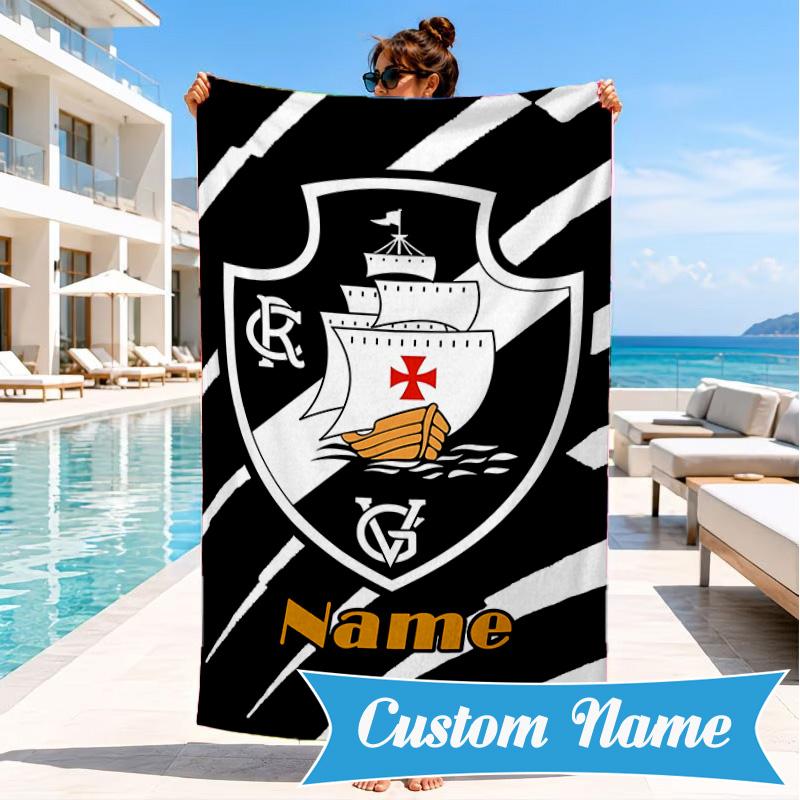 Custom Name Beach Towel Vasco Football Crest Emblem Microfiber Beach Towel, Lightweight for Summer Travel, Swimming Pool Fan Birthday Gift