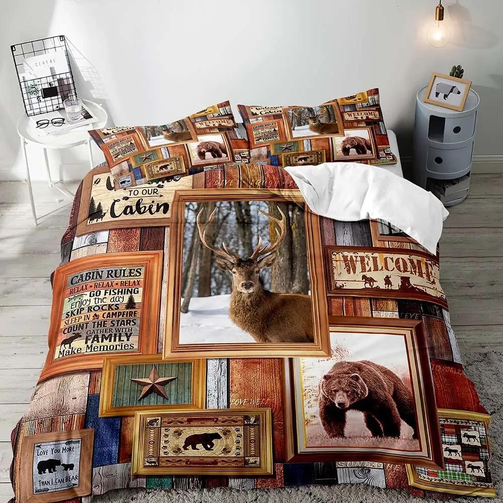 Farmhouse Bedding Sets Deer Elk Moose Mountain Woodland Animals Duvet Cover, stic Bedroom Decor, 2 Pillowcases Bedroom Decor
