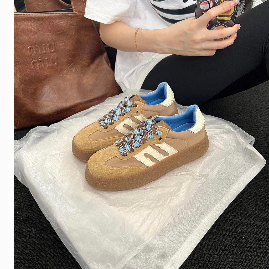 [Autumn] Maillard Brown Leather Thick-soled Heightening German Training Shoes Women's 2025 Autumn Soft-soled Sports and Leisure Board Shoes