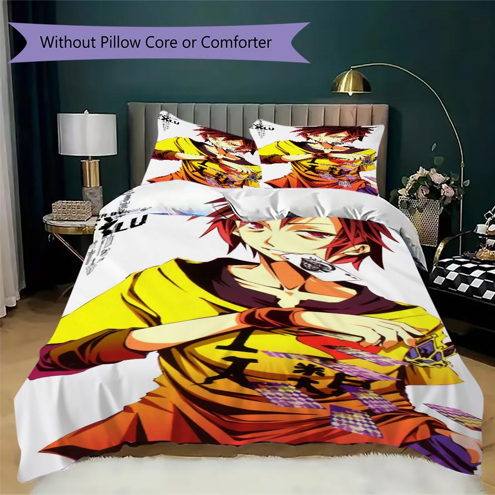 No Game No Life Pattern Bedding,Quilt Set Quilt Cover Pillowcase Home Birthday Gift(1 * Duvet Cover + 2 * Pillowcase, Without Core)_lx