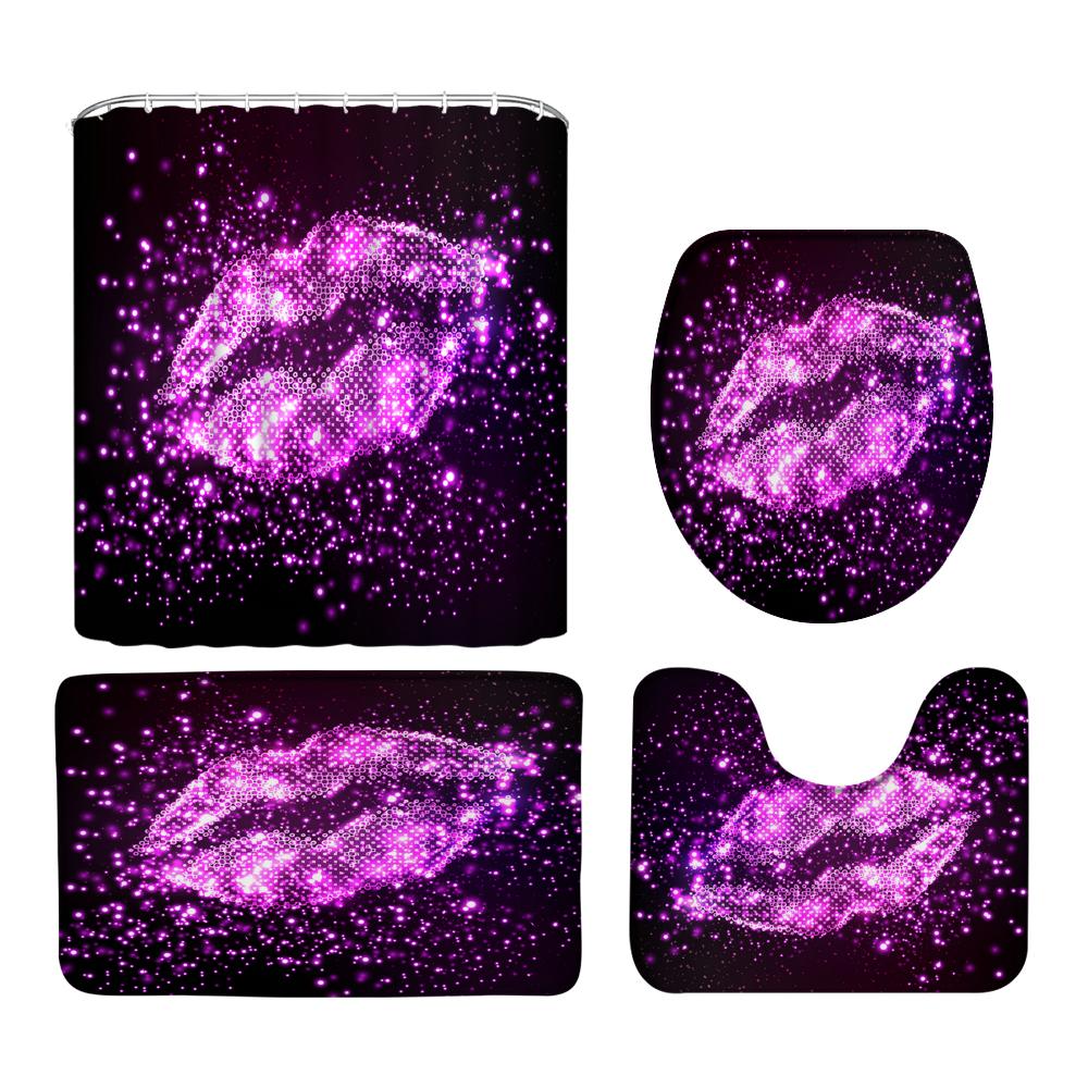 Romantic Red Lip Black Fabric Shower Curtain Set Toilet Lid Cover Bath Mat Valentine'S Day Bathroom Curtains With Hooks Decor