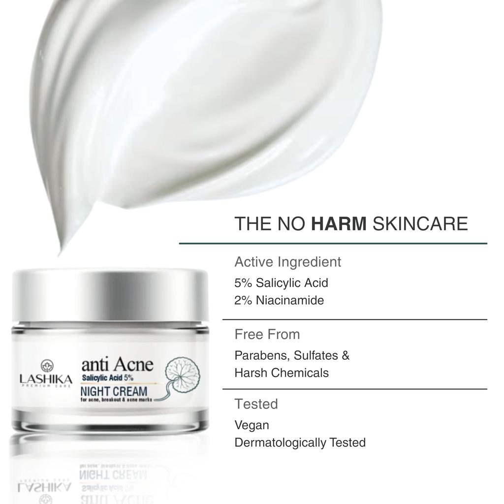 Lashika Anti Acne Night Cream | With 2% Niacinamide, 1% Salicylic Acid, 0.5% Glycolic Acid, & 0.5% Gotu Kola Extract | For Men & Women | 30gm