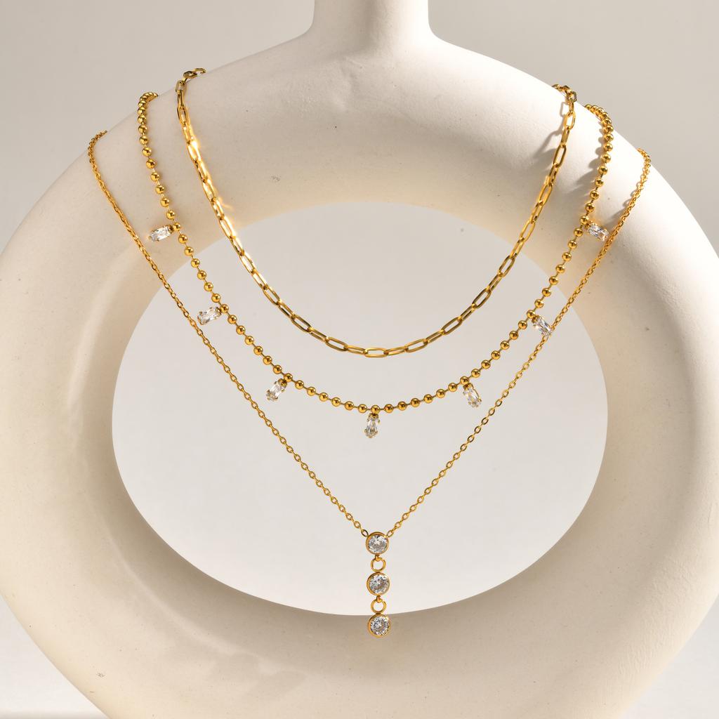 Delicate Zircon Pendant Necklace for Women, Stackable Multi-Layer Stainless Steel Necklace, 18K Gold Plated Fashion Jewelry Set