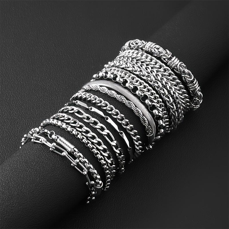 12Pcs/Set Stainless Steel Cuban Bracelets in Hip-hop Style, Suitable for Men and Women,Perfect for Daily Wear and Gift Giving