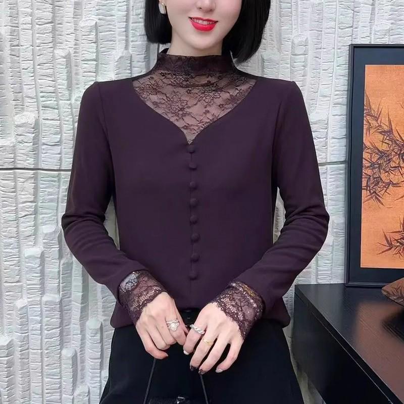 Elegant Lace Mesh High Neck Long Sleeve Tummy-Control Top for Women