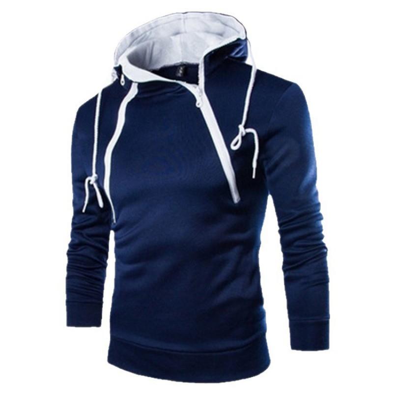 Mens Hooded Pullover Sweatshirt With Dual Zipper Front Contrast Color Design Soft Fleece Lined Long Sleeve Casual