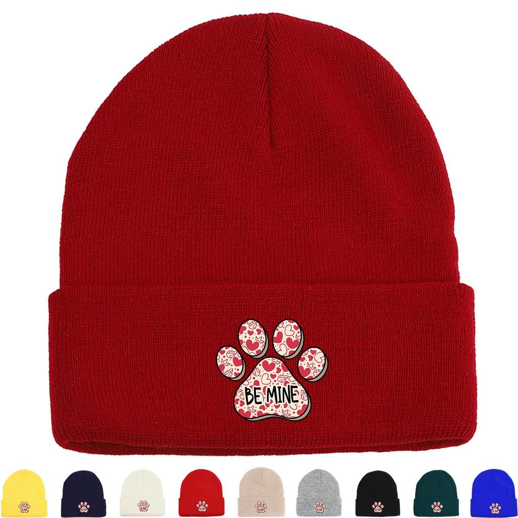Dog Cat Paw Print Heart Knit Hat Beanie, Valentine's Day "XOXO LOVE KISS", Cozy Stylish Knitted Cap Beanie