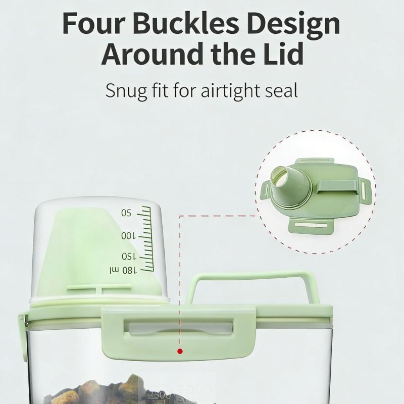 Transparent Plastic Pet Food Storage Box With Measuring Cup And Secure Handles Great For Travel and Home Indoor Use