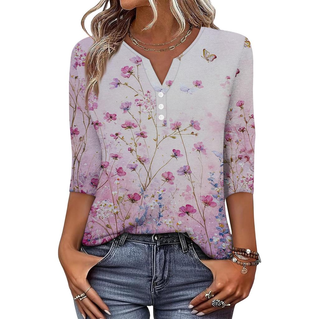 Women's Fashionable Casual Retro Floral Print V-Neck Button-Down Three-Quarter Sleeve T-Shirt Top