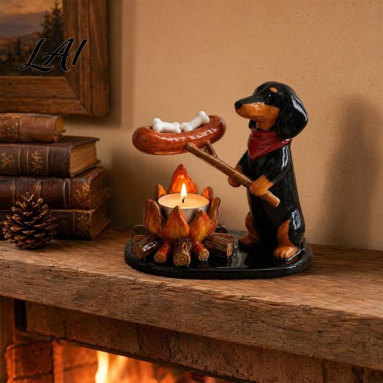 Cute Animal Candle Holder Campfire Tealight Holder Durable Resin with Cat Orange Fox And Dachshund Figurines Warm Cozy Atmosphere Decorative Stand