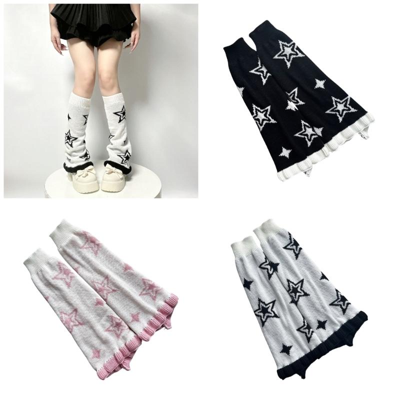 Punk Women Leg Warmers Japanese Aesthetic Star Pattern Flared Knitted Foot Cover Ruffle Trim Long Stockings Streetwear