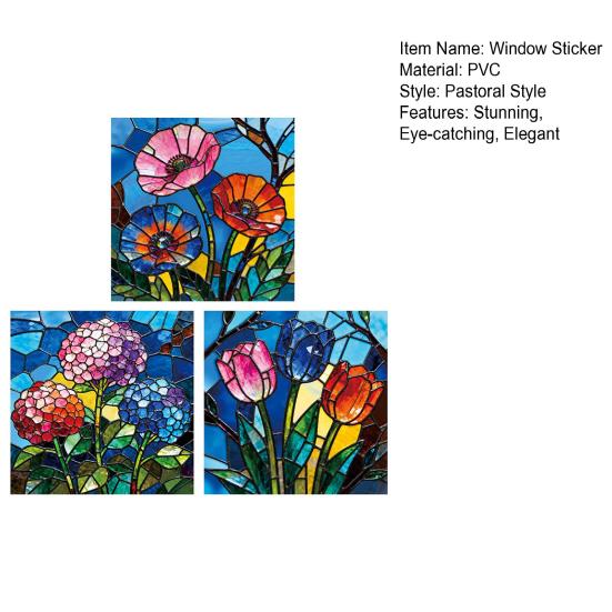 3 Pcs Stained Glass Flowers Window Privacy Film Colorful Floral Window Clings Sun Blocking Removable Static Stickers for Living Room Bathroom