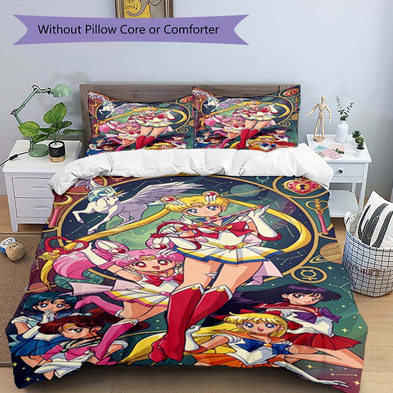 3'lü Nevresim Takımı (1*Nevresim Kılıfı + 2*Yastık Kılıfı, Çekirdeksiz), Sailor Moon Baskılı Nevresim Takımı, Yatak Odası Dekorasyonu, Dört Mevsim, Doğum Günü Hediyesi