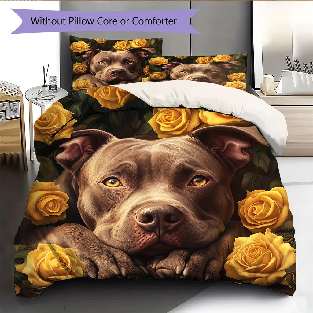 Pitbull and roses Pattern Bedding Home Decoration Birthday Gift (1 * duvet cover + 2 * pillowcase, without core)
