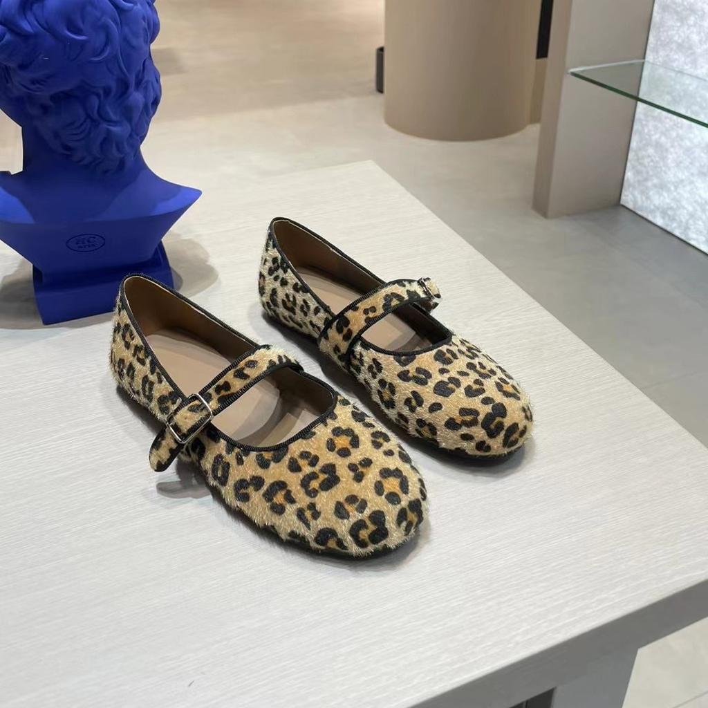 Sheepskin Version~ Korean Version of Niche Leopard Print Leather One-word Buckle Single Shoes Women's Flat Grandma Shoes Ballet Mary Jane Shoes