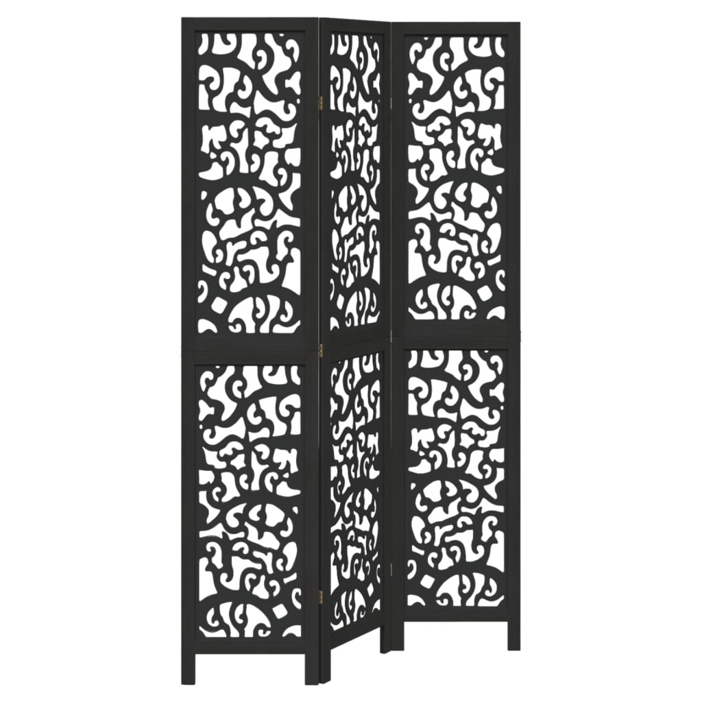 3 Panel Room Divider Black Solid Wood Paulownia