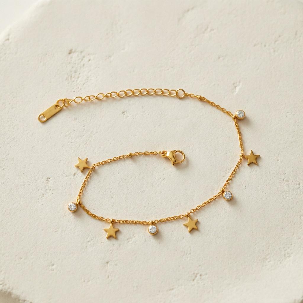 European Multi-layer 18K Gold-Plated Titanium Steel Bracelet with Star, Sun, and Heart Stone Tassels