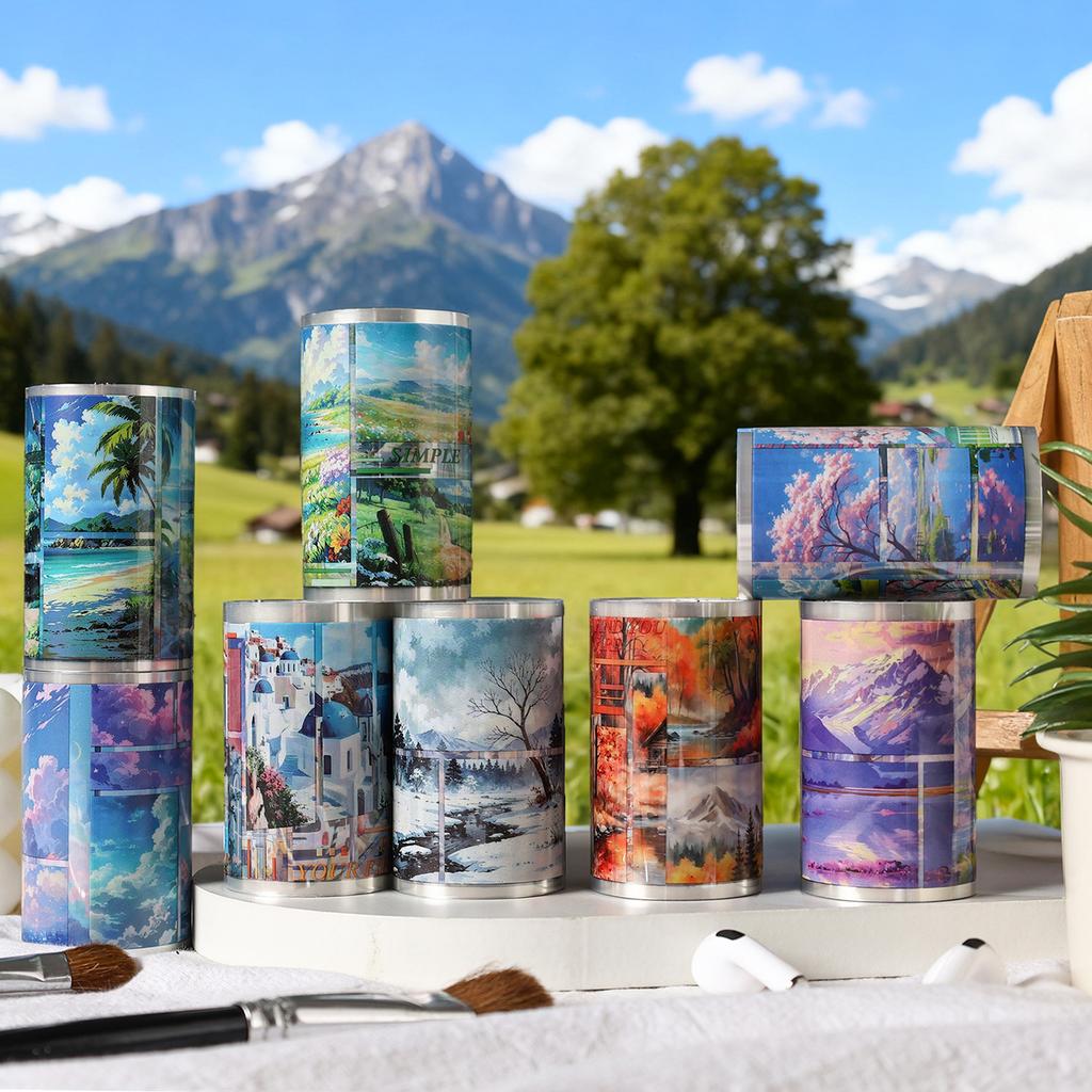 4 rolls/set Kawaii Ins Dream Silhouette Landscape PET Stickers DIY Diary Scrapbook Creative Collage Decoration Aesthetic Tape
