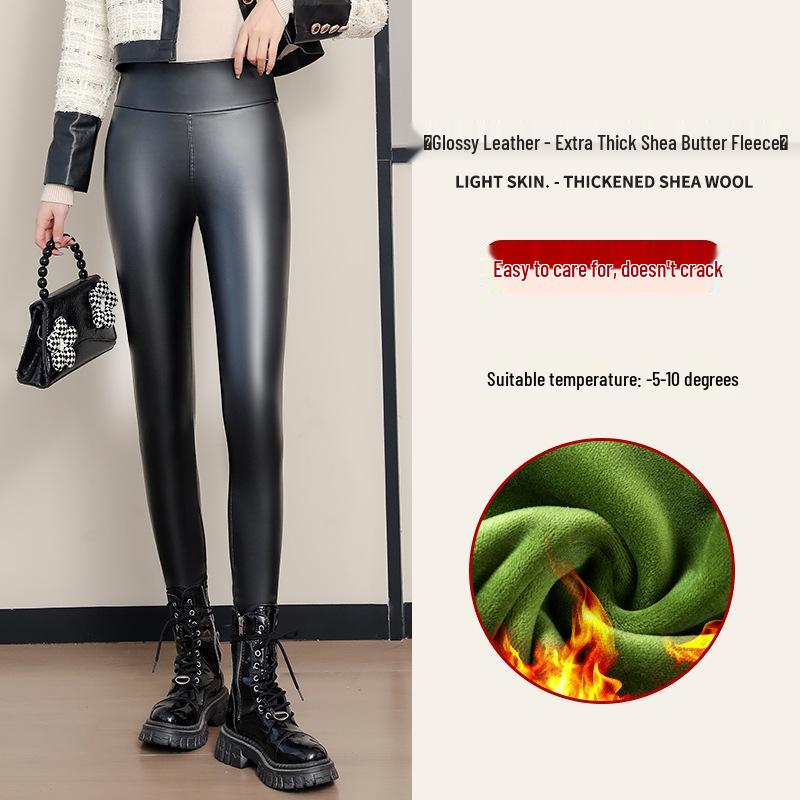Women's Winter PU Leather High-Waist Thick Velvet Leggings - Plus Size, Slimming, Warm