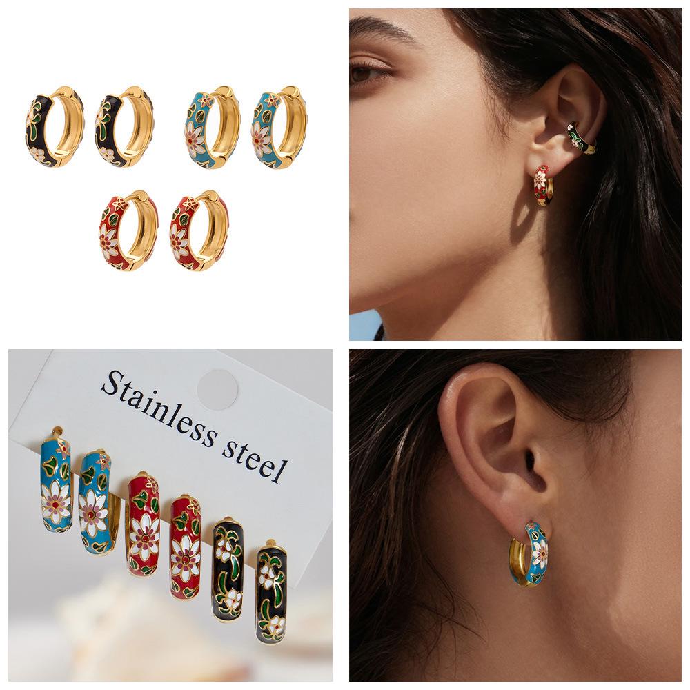 18k Gold-Plated Enamel Camellia Hoop Earrings - Stainless Steel, Fade-Resistant, Light Luxury Design