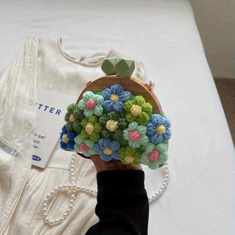 Retro Wooden Clip Purse Handbag Fashion Crochet Bag For Women Trend Simulation Pearl Chain Crossbody Bag Lady Knitting Handbag Purse