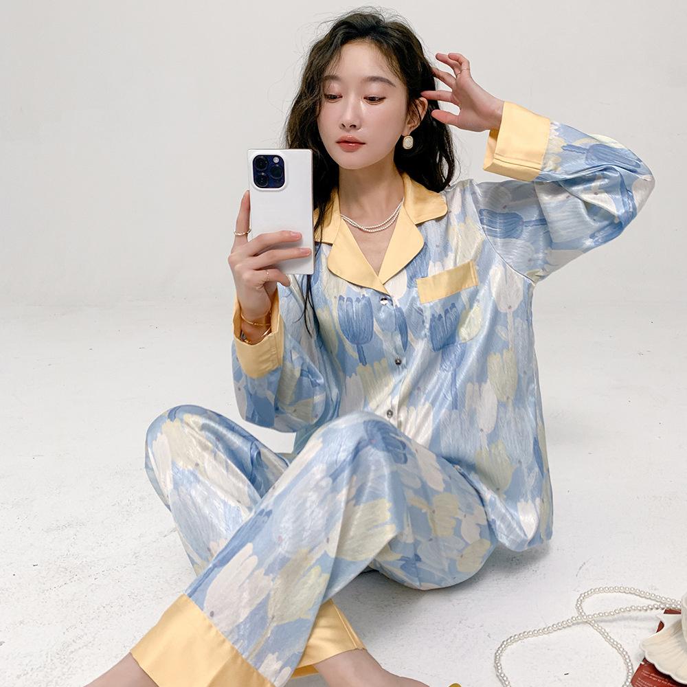 

Весна и лето Новая женская пижама Ice Silk Удобная домашняя пижама в стиле тюльпана с рисунком маслом Женский комплект XL