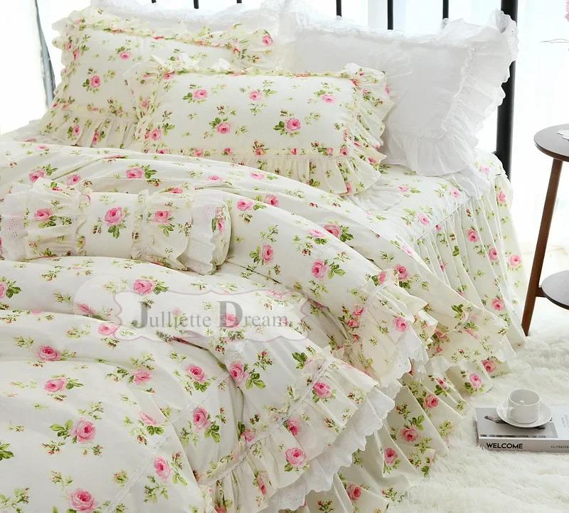 

Fresh Rose Printed Bedding Set Rustic Duvet Cover Bedding Queen Bed Set Custom Bed Sheet Ruffle Lace Pillowcase Bed Clothes Twin