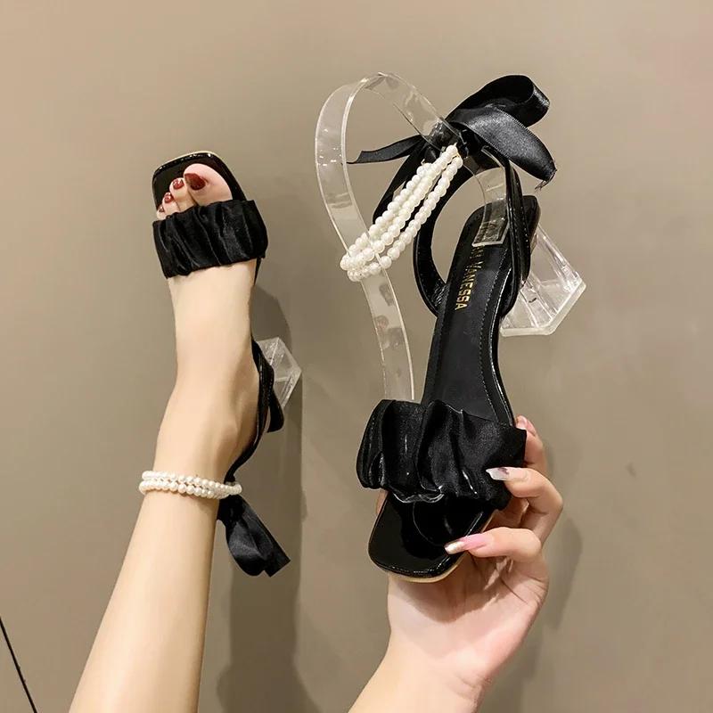 Fashion Fairy Style Square Toe Lace String Bead Wedding Shoes Transparent High Heels Elegant  Women Summer High Heeled Sandals